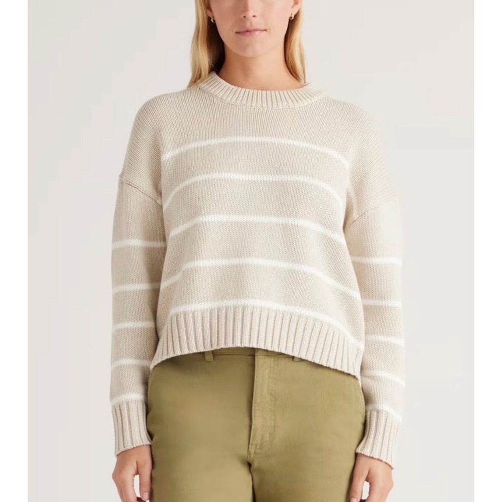 Quince Organic Cotton Striped Crew Sweater Womens XS Beige Ivory Preppy Minimal